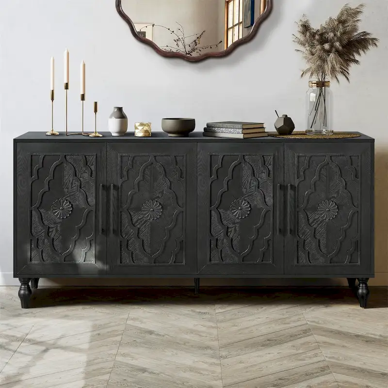 Large Storage Cabinet with Carved Door and Metal Handles