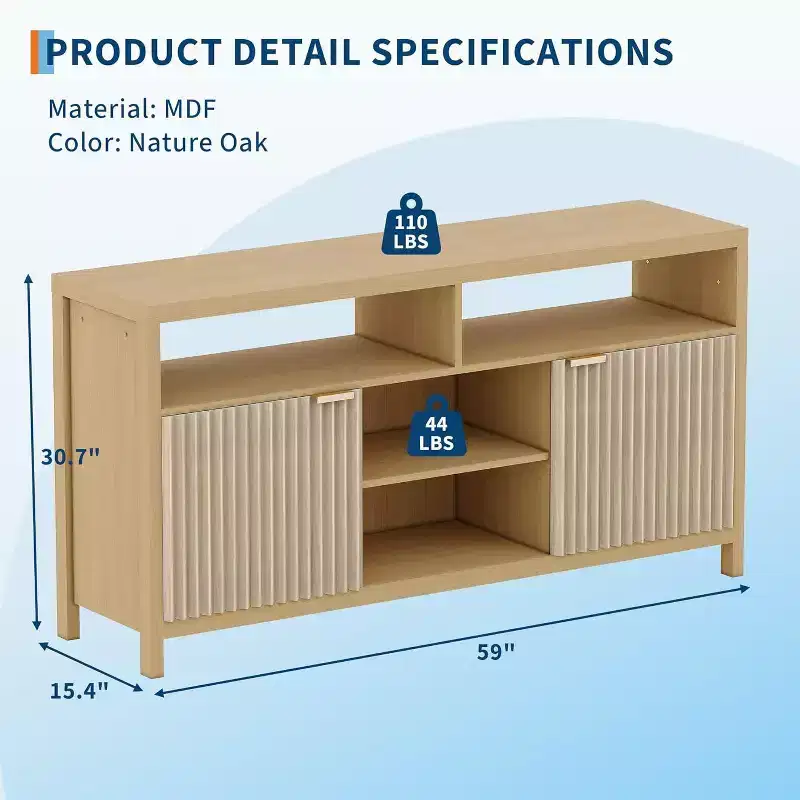 Acekool Fluted TV Stand for 65 TVs, Mid-Century Modern Media Console with Adjustable Shelves, Slim Farmhouse Entertainment Cabinet