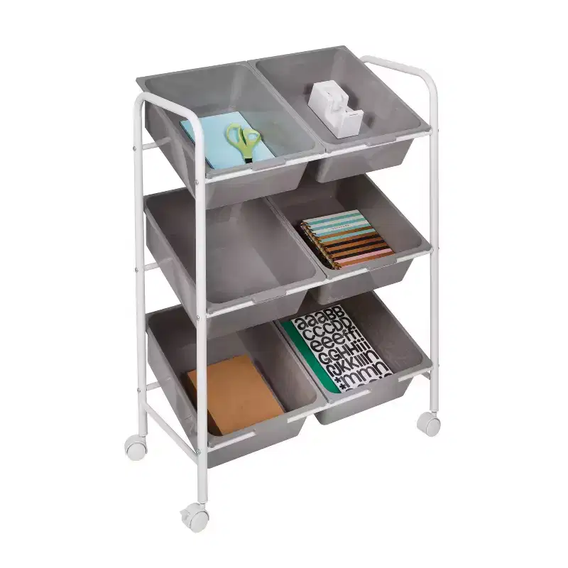 6-Bin Steel Rolling Utility Storage Cart Fade-Resistant in Gray 34 Inch Height