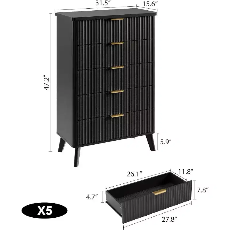 Acekool Fluted 5-Drawer Dresser, Modern Chest for Bedroom or Hallway
