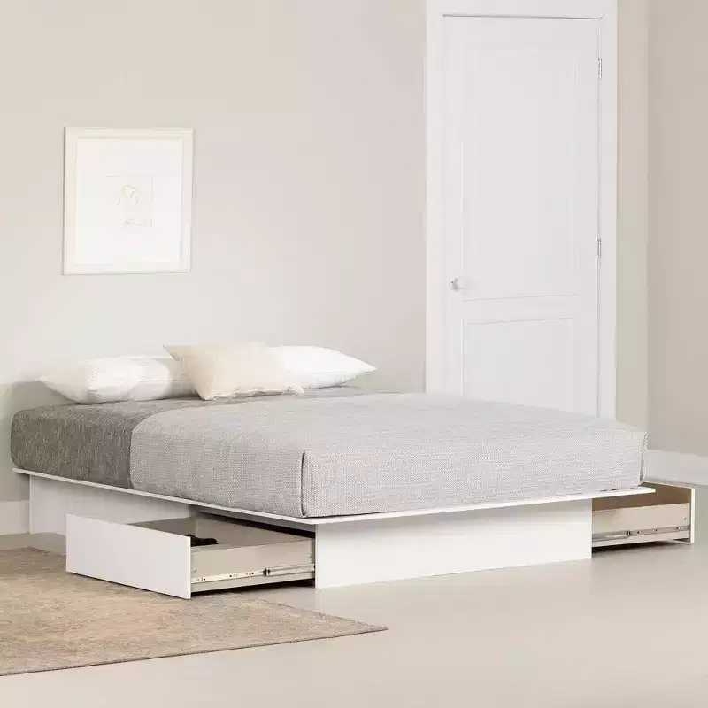 2 Drawer Platform Bed, Pure White — Contemporary Solid Wood & MDF Frame, Under Bed Storage