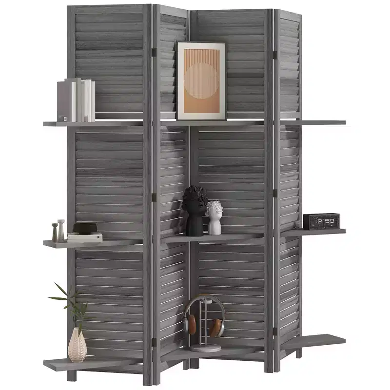 4-Panel Folding Room Divider, 6 Ft Freestanding Bamboo Privacy Screen Panel with Storage Shelves for Bedroom or Office