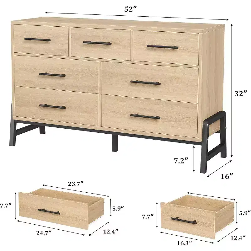 52 Wide Dresser, 7 Dresser for Bedroom, Wooden Closet Storage Chest, for Living Room, Bedroom, Entryway