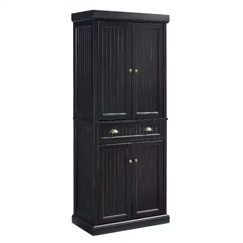Crosley Seaside Kitchen Pantry Distressed Black: Traditional Style, 4-Door Hutch, 6 Shelves, Wood Veneer
