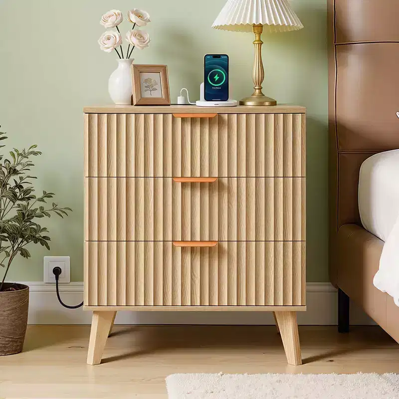 Fluted Nightstands with Charging Station, Set of 2, Dresser for Bedroom with 3 Drawers, Mid Century Modern End Table, Chest of Dresser, Brown