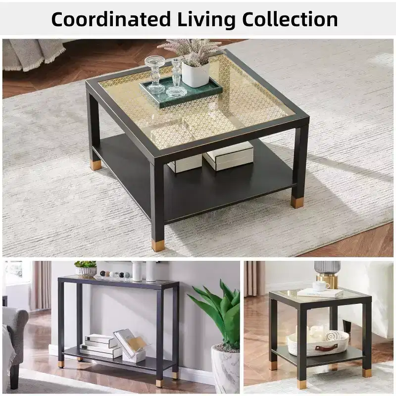Everett Gold Mesh Glass Coffee Table with Metal Frame