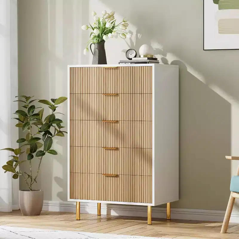 Modern 5-Drawer Dresser w/Gold Handles - Large Storage Chest for Bedroom, Living Room & Entryway