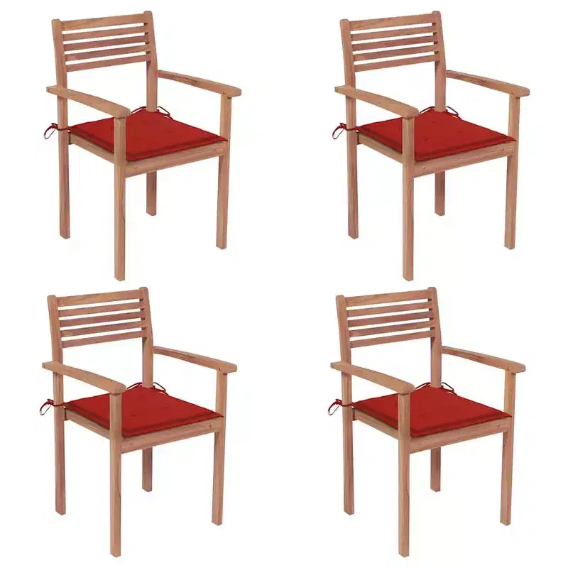 vidaXL Stackable Patio Chairs in Solid Teak Wood with Red Cushions, Outdoor Furniture Set for Gardens and Patios, Pack of 4