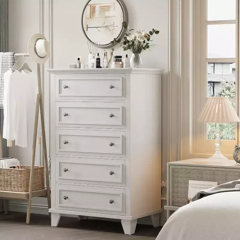 Acekool 48 Tall White Dresser, 5-Drawer Chest for Bedroom, Vintage Storage Cabinet for Closet, Living Room, Hallway