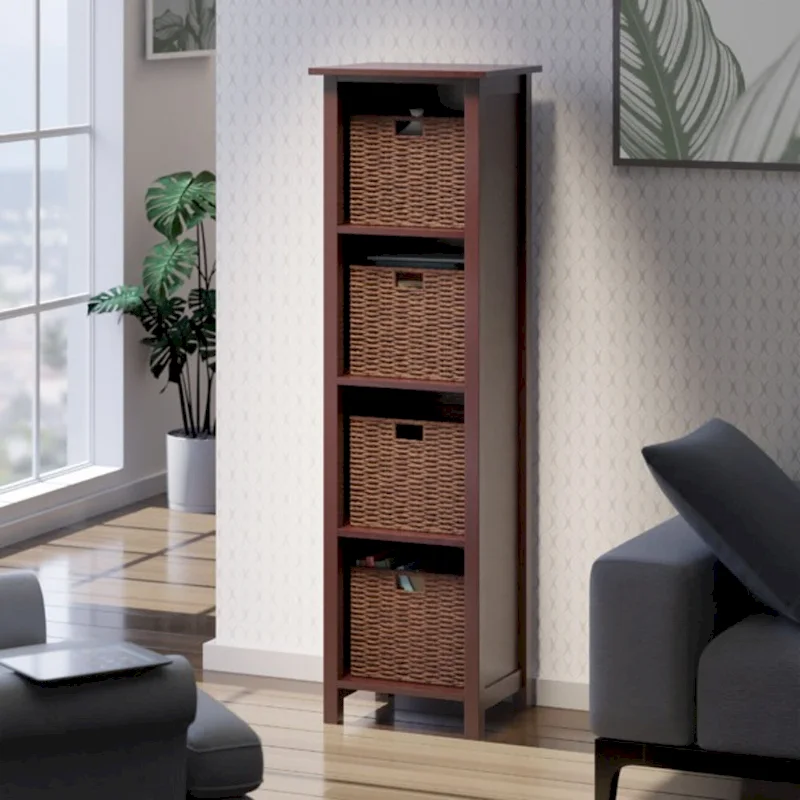 5 Pc Storage Shelf with 4 Foldable Woven Baskets - 56 - Walnut Brown