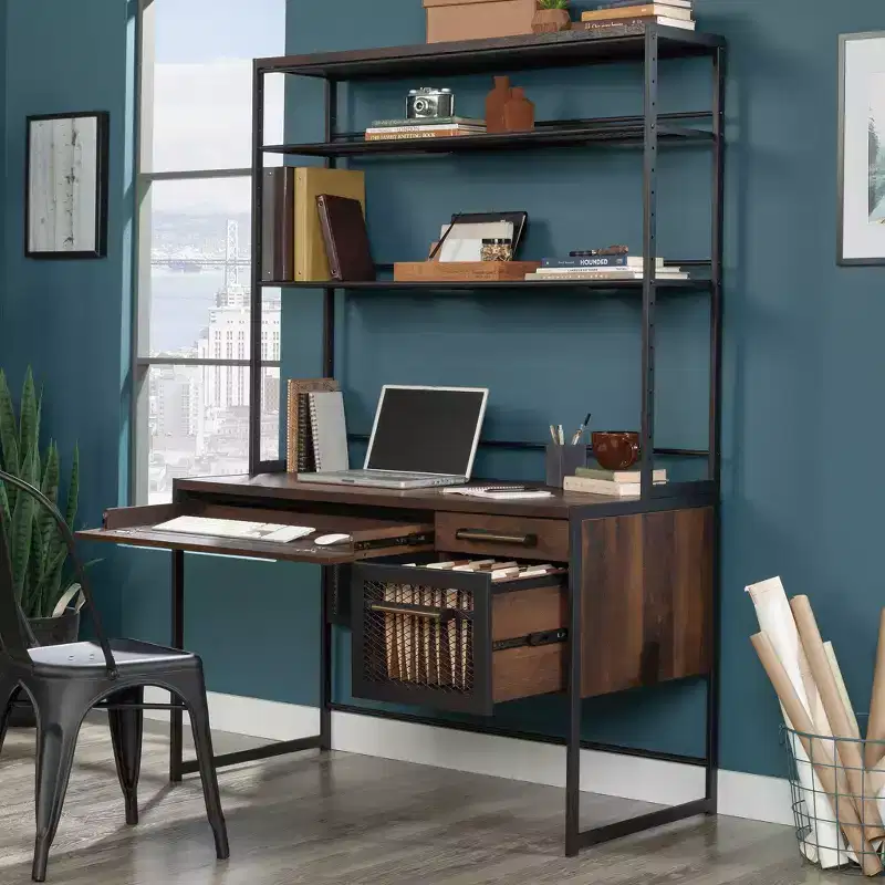Home Office Desk with Hutch, Shelf and File Drawer, Barrel Oak