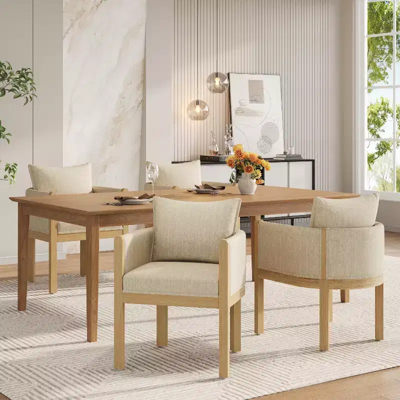 Modern Rubberwood Linen Upholstered Armchairs (Set of 4)