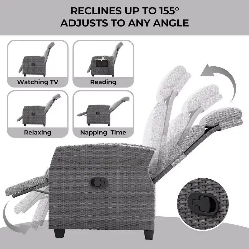 Patio Recliner Chair, Adjustable Back Footrest PE Wicker Weather Resistant with Flip Up Table Air Pump