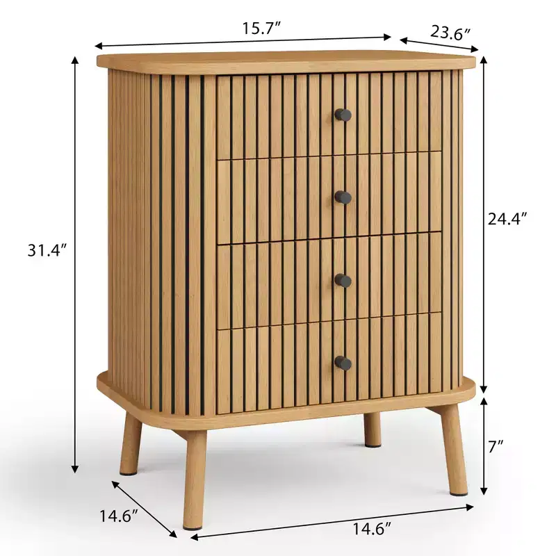4 drawer dresser, bedroom chest of drawers, storage cabinet, ample space, modern wicker dresser with matte black handles and wooden legs