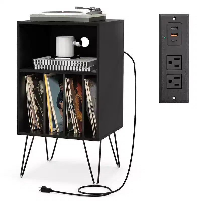 3-Tier Record Player Stand with Charging Station, 4 Vinyl Dividers & Cable Management