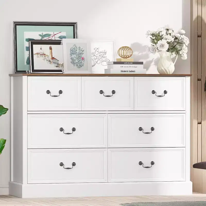 7-Drawer Wood Dresser Chest, Rustic Farmhouse Storage Organizer for Bedroom, Living Room, Hallway