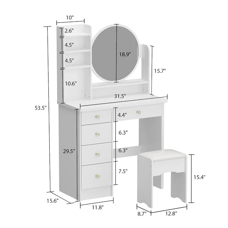 Makeup Vanity  Dresser w/Mirror Stool 5 Drawers - White/Pink/Black - 31.5L x 15.7W x 52H