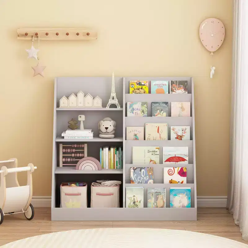 4-Tier Wooden Kids Bookshelf with Toy Storage, Front-Facing Book Display Organizer for Kids Room, Gray