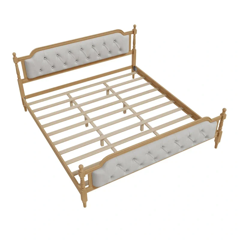 Solid Wood Bed Frame with Upholstered Tufted Headboard – No Box Spring Needed