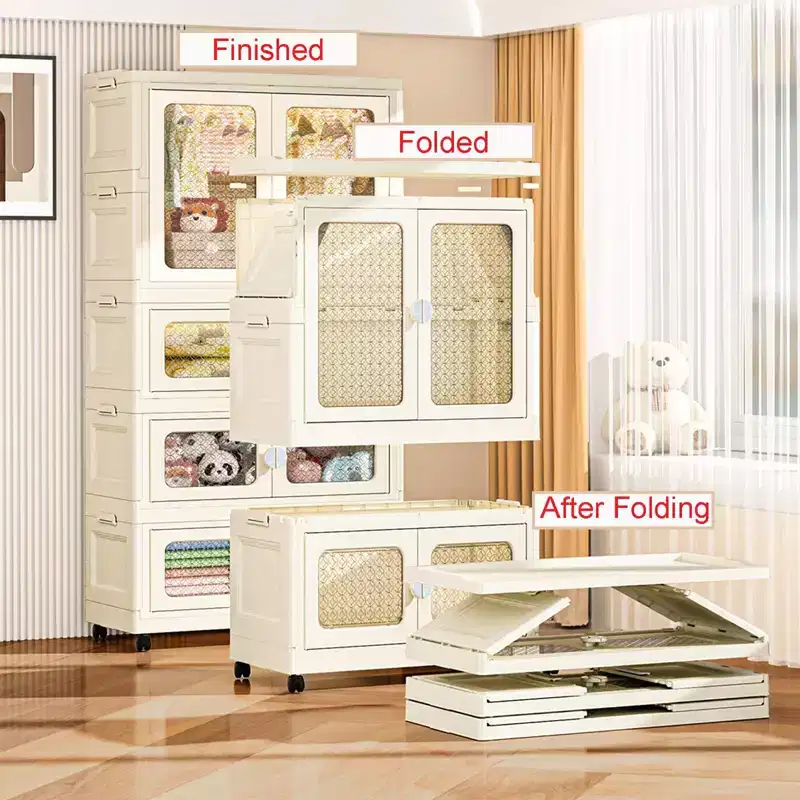 Stackable Storage Dog Closet with Lid for Living Room Collapsible Storage Bins with Wheels 2 Tier Wardrobe Closet with Transparent Doors