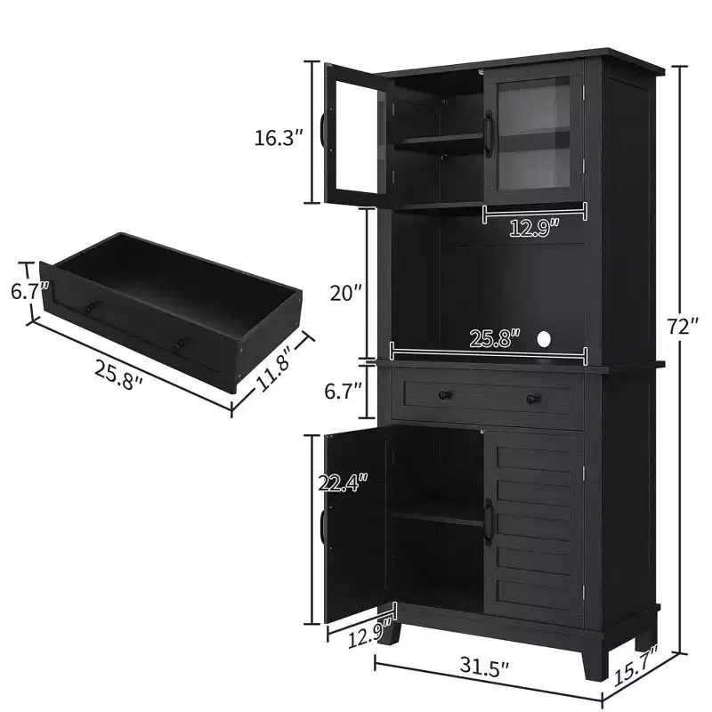 72 Kitchen Pantry & Bar Cabinet with Microwave Stand - Tall Hutch with Glass Doors & Drawers for Living Room,Dining Room
