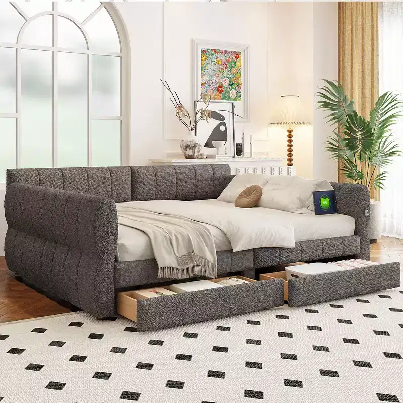 King Size Upholstered Platform Bed with USB and 2 Drawers