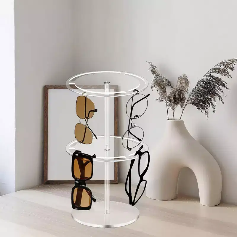 CuisinSmart Sunglasses Organizer Glasses Holder Stand Rotating Sunglasses Rack with Wood Base Acrylic Sunglass Storage Display
