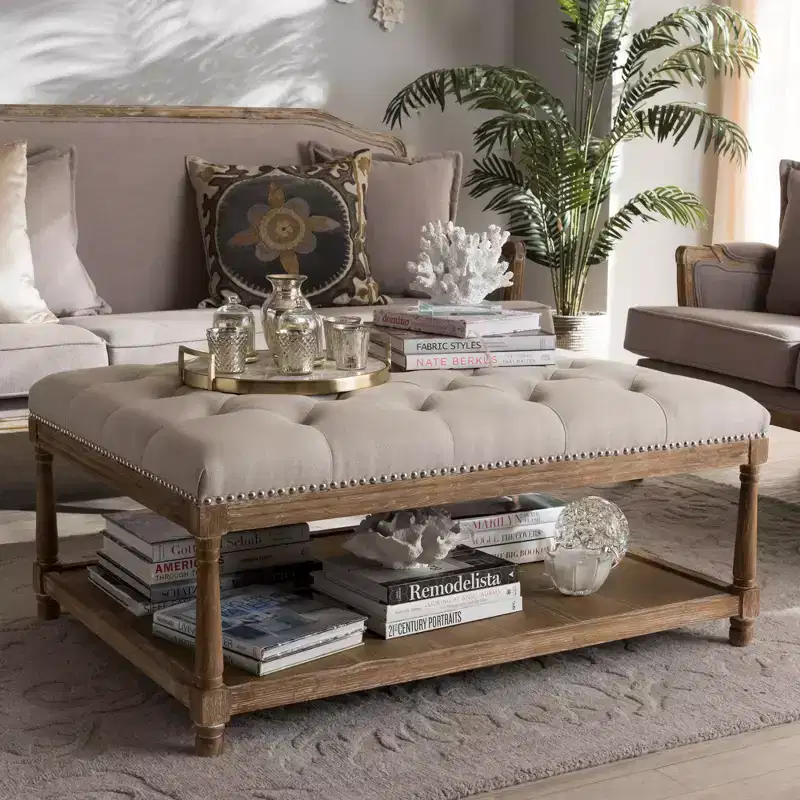 French Country Weathered Oak Linen Rectangular Coffee Table Ottoman - Beige