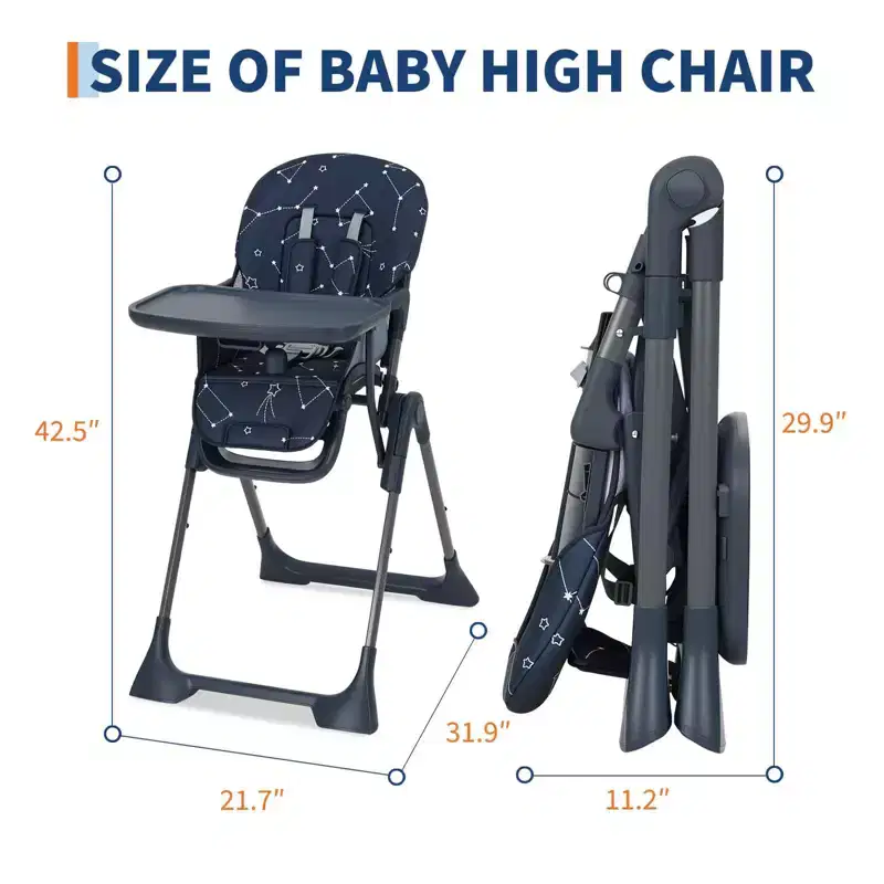 42.5 Adjustable Baby High Chair for Toddlers, Multi-Level Height & Backrest Adjustment, Removable Tray and Fast Folding for Space-Saving Storage