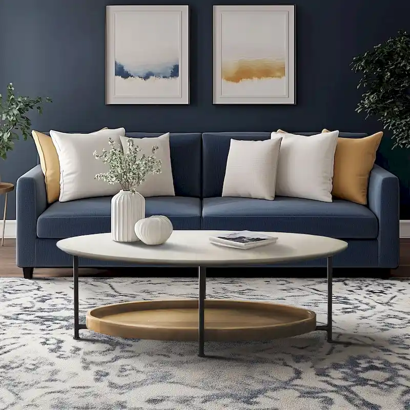 Oval Coffee Table with White Top and Natural Shelf