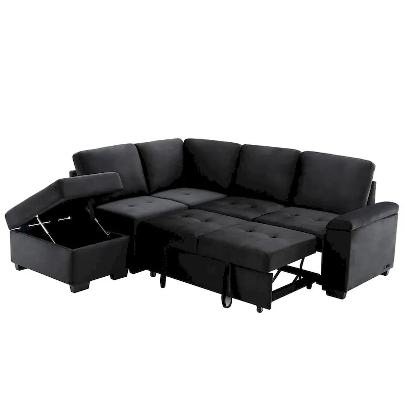 87.4-inch Black L-shaped Sleeper Sectional Sofa with Storage Ottoman, Hidden Arm Storage, and USB Charge
