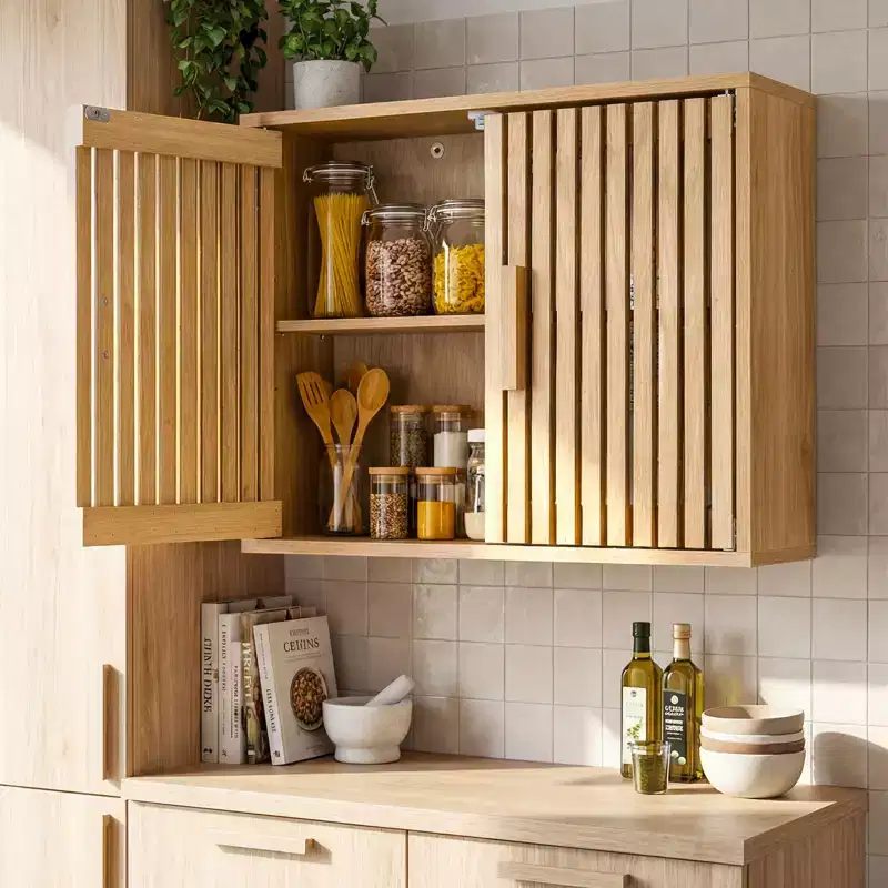 Bathroom Wall Cabinet – Wall Mounted, 2-Tier, Adjustable Shelf, Slatted Doors, Natural