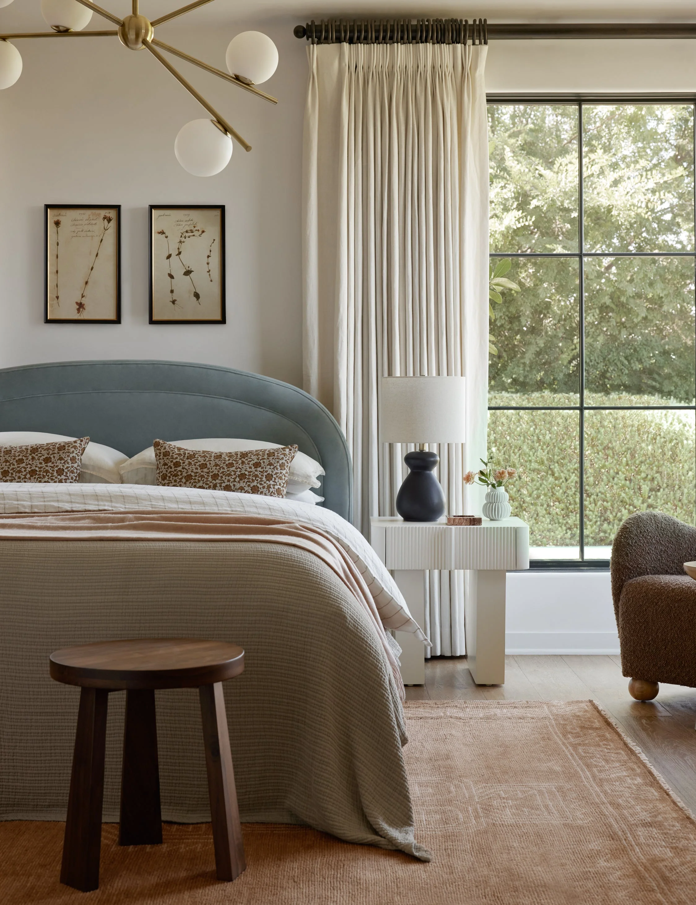 Nightstand Storage The nightstand features a deco-inspired woodwork construction that pairs crisp, curving lines with ridged detailing and