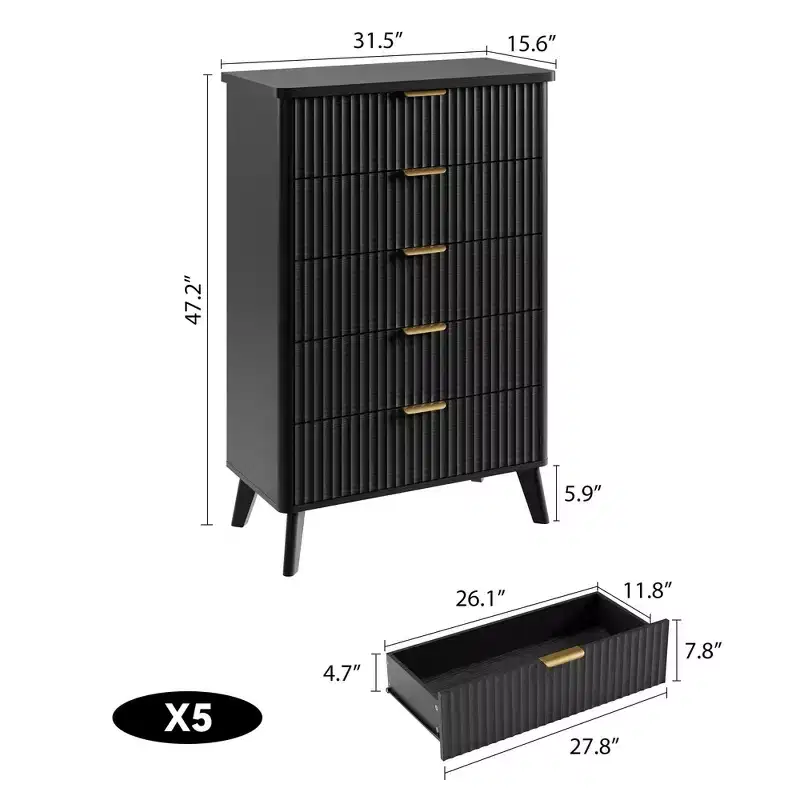 5 Drawer Dresser for Bedroom, 47.2h Chest of Drawers with Gold Handles, Wood Dresser Nightstand, Clothes Storage Organizer for Entryway Bedroom