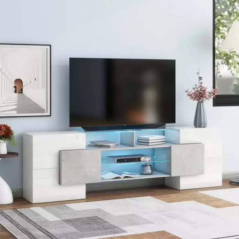MAYEERTY Gray Unique Shape TV Stand, LED Illuminated Glass Shelf Media Console for 88 TVs
