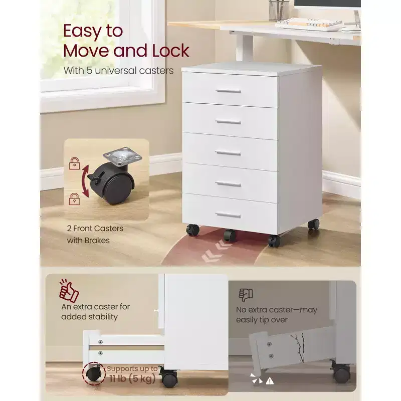 File Cabinet, Mobile Pedestal Filing Cabinet with Wheels, Printer Stand with 5 Drawers, Tool-Free Sliding Rails