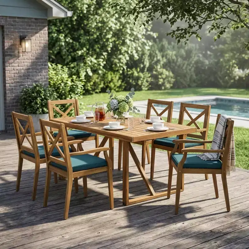 Christopher Knight Home Perla Rustic 7 Piece Patio Acacia Wood Dining Set with Cushions