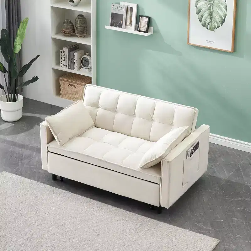 Velvet Loveseat Sleeper Sofa with Pull-Out Bed – Beige