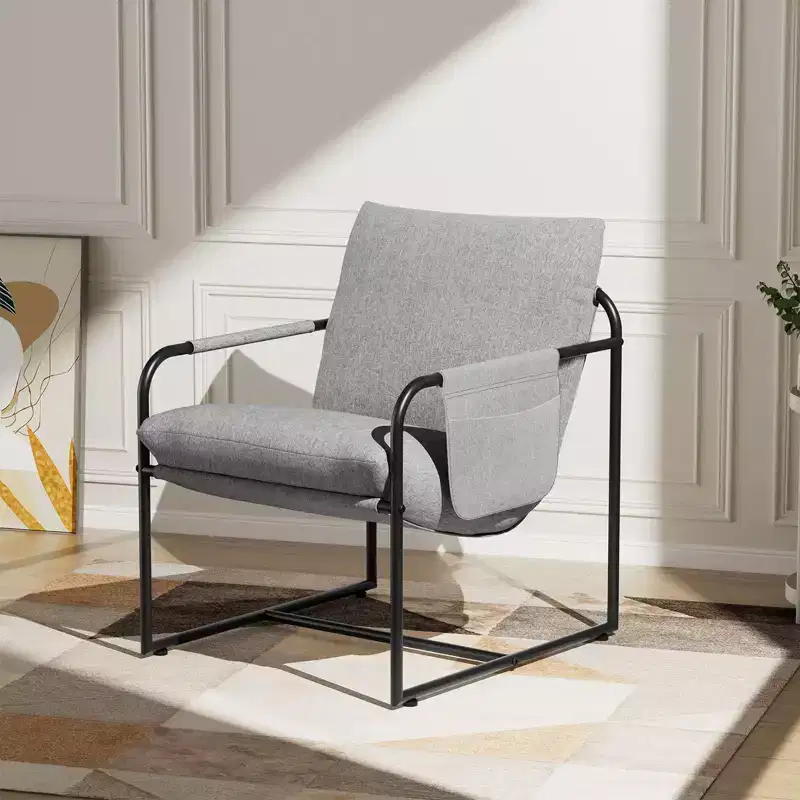 Hommpa Mid-century Accent Chair Ergonomic Linen Armchair with Side Pockets & Steel Frame Gray