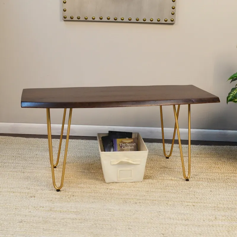 Carolina Living Seti Live Edge Coffee Table/Bench - Elm Top - Gold Base