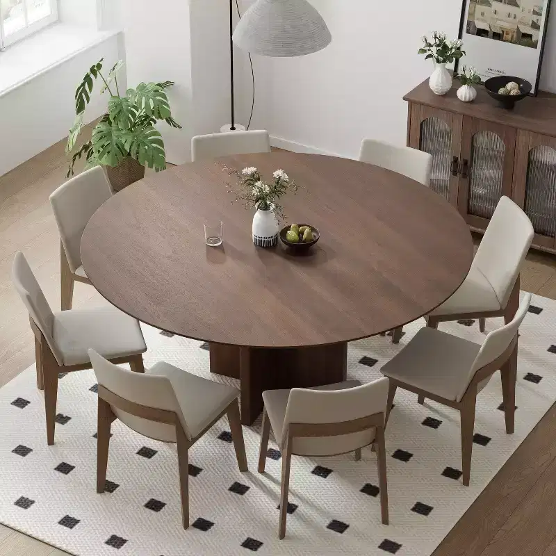 59 x 59 Solid Wood Round Dining Table with Walnut Finish and Elegant Arched Legs for Modern Dining Rooms & Kitchens