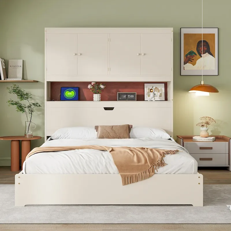 Wooden Platform Storage Bed Full Size Bed Frame with Storage Headboard