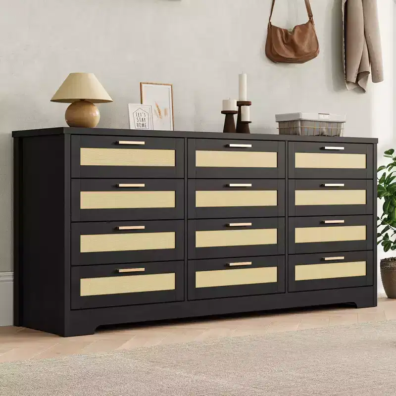 12 Drawer Dresser for Bedroom, Modern Rattan Chest of Drawers, Wood Storage Organizer with Drawers and Handles, for Nursery, Entryway, Living Room