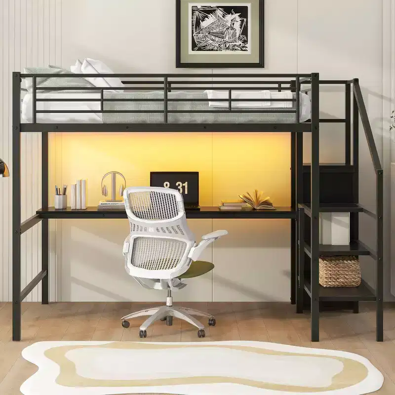 Whisen 94.1'' Full Size Metal Loft Bed with Desk, Storage Staircase, Small Wardrobe