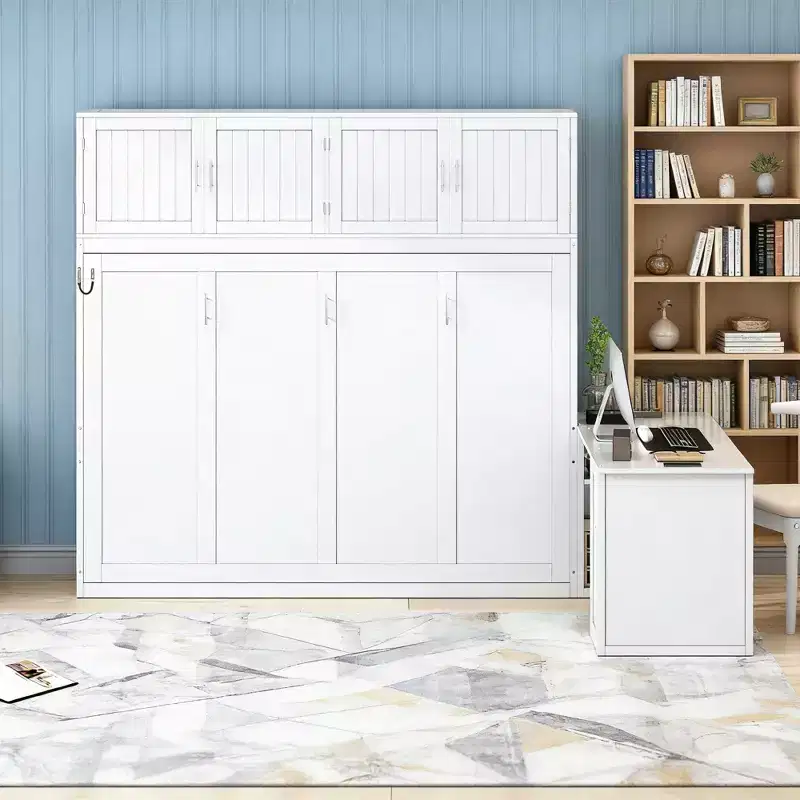 Luxystar Modern Queen Size Wall Murphy Bed with Hydraulic Mechanism, Desk and 2 Storage Cabinets