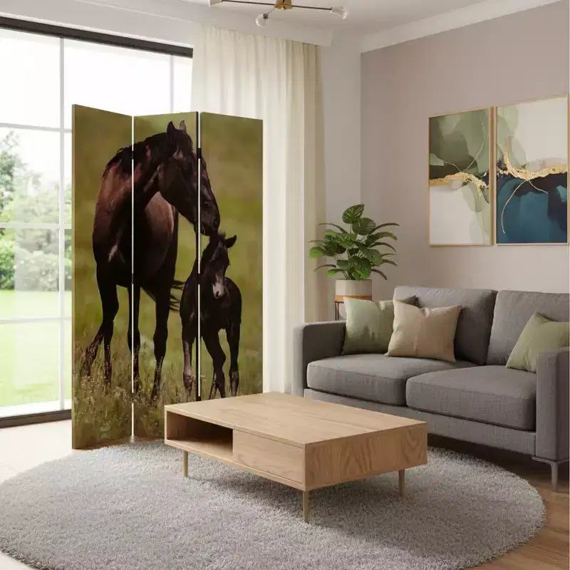 72 Inch Brown Canvas Folding Three Panel Room Divider Screen
