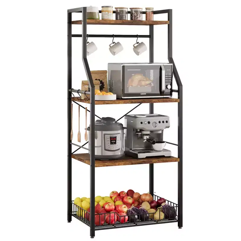 Kitchen Bakers Rack, Microwave Oven Stand with Large Wire Basket, Industrial Coffee Bar Station, 4-Tier Kitchen Utility Storage Shelf, Brown