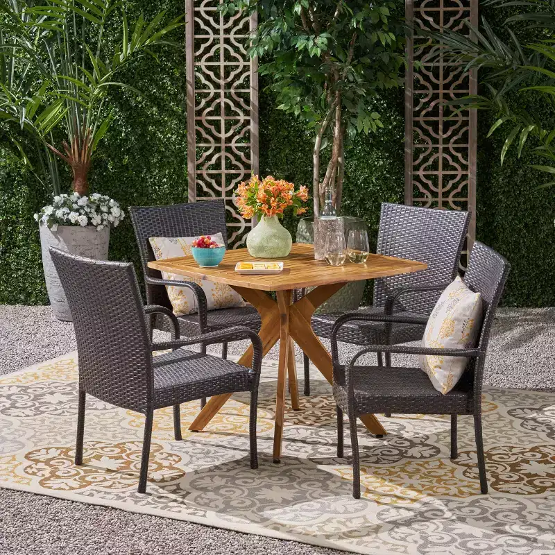 GDFStudio Tunica Outdoor Acacia Wood and Wicker 5 Piece Dining Set
