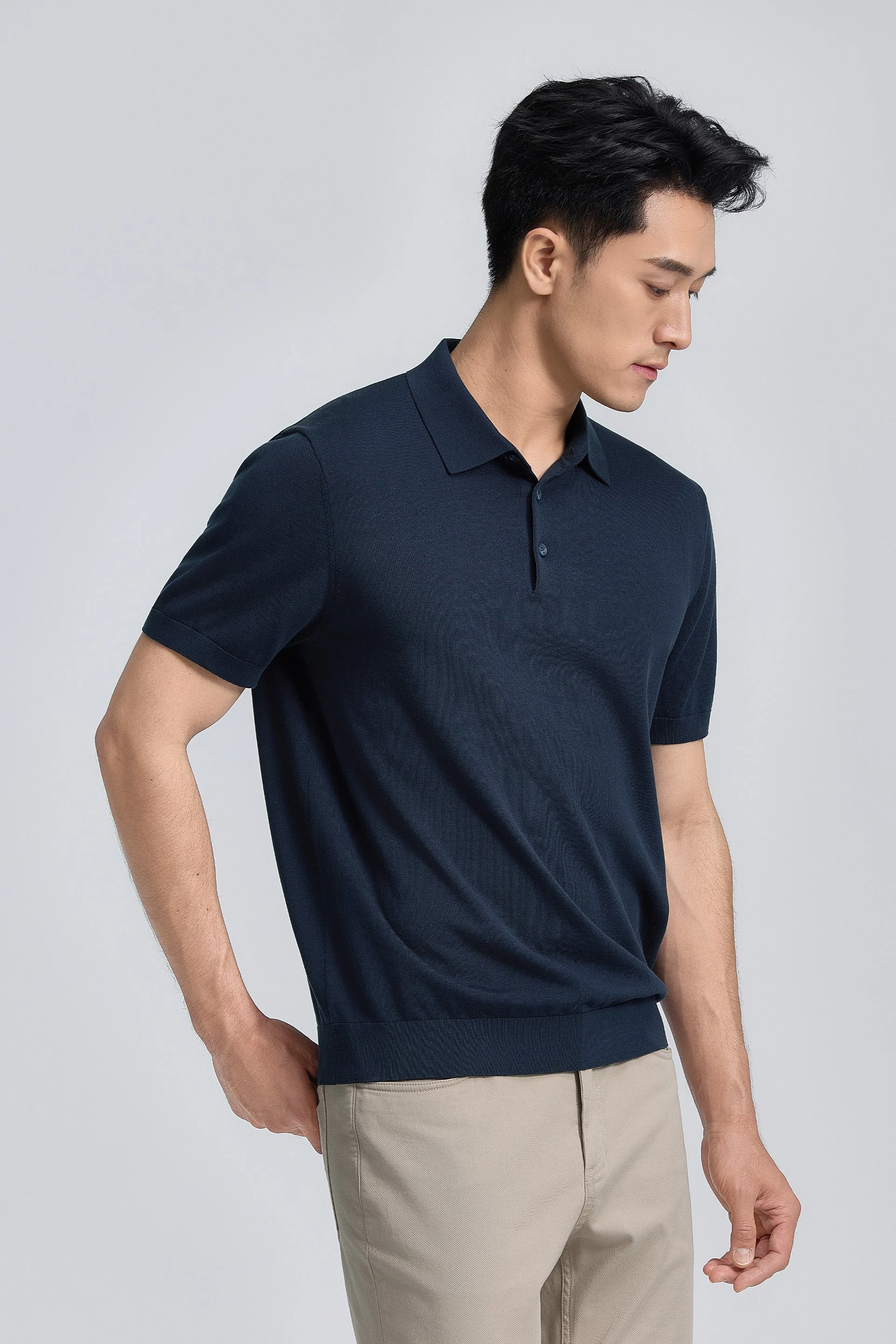 Flat-Knit Three-Button Sweater Polo – Navy