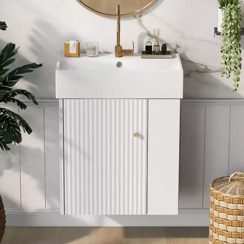 Floating Bathroom Vanity with Ceramic Sink & Side Storage, Wall-Mounted Cabinet